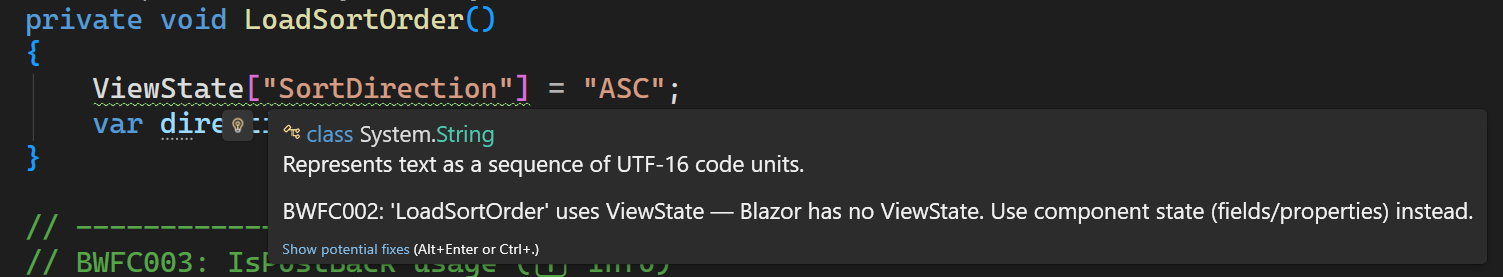 BWFC002 Info squiggle in Visual Studio