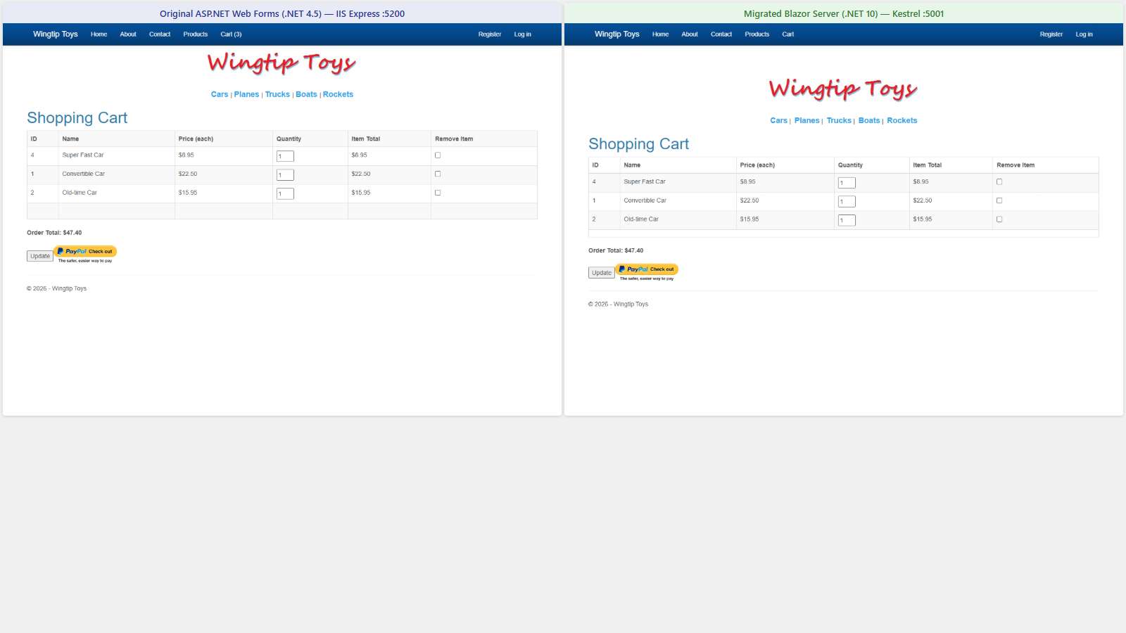 Side-by-side comparison of the WingtipToys shopping cart — Web Forms (.NET 4.5) on the left, Blazor Server (.NET 10) on the right