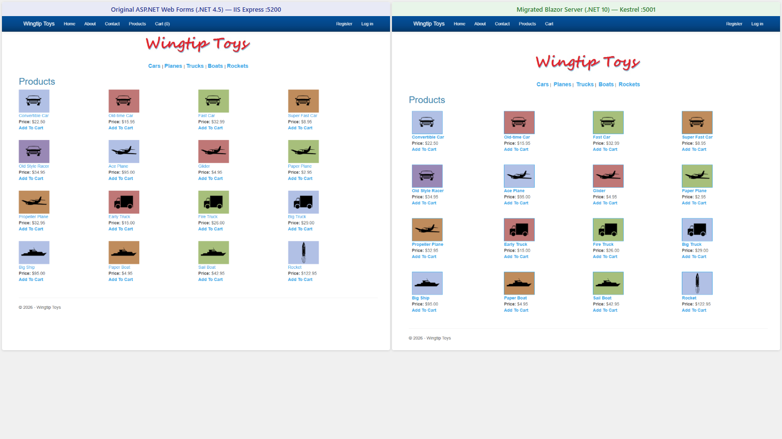 Side-by-side comparison of the WingtipToys product listing — Web Forms (.NET 4.5) on the left, Blazor Server (.NET 10) on the right